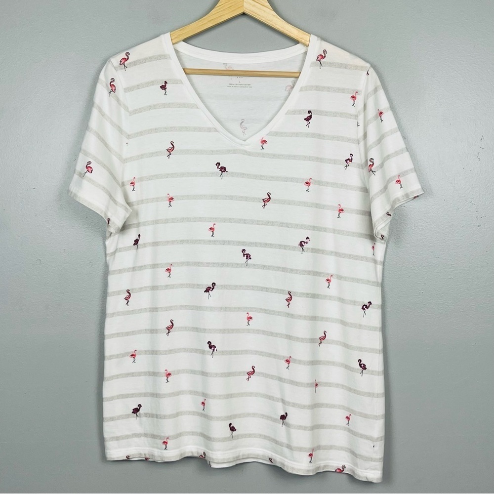 Talbots 100% cotton white sequin flamingo v-neck shirt sleeve t-shirt, large.